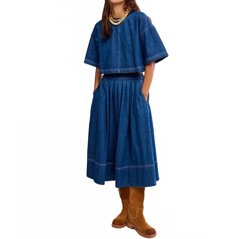 NEW FREE PEOPLE westley denim skirt set in deep sea wash